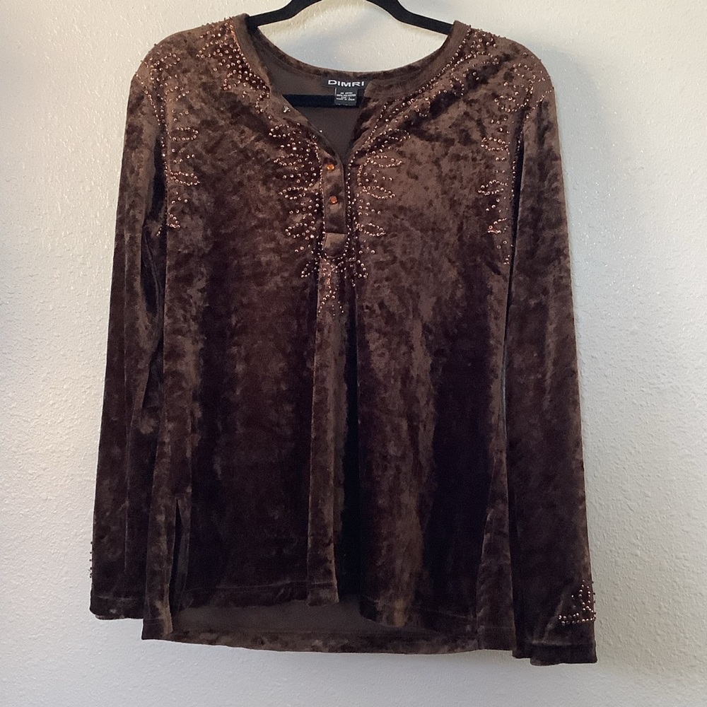 Brown‎ Velvet Rhinestone Fairy Bohemian Boho Hippie Festival Cowgirl Blouse L